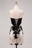 Floral Blue Corset Bodycon Strapless Homecoming Dress