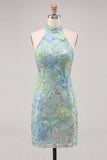 Halter Yellow Floral Sparkly Bodycon Homecoming Dress