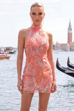 Halter Yellow Floral Sparkly Bodycon Homecoming Dress