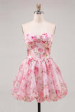 Yellow Corset A Line Strapless Floral Homecoming Dress With Bow