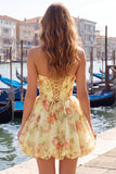 Yellow Corset A Line Strapless Floral Homecoming Dress With Bow