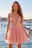 V-Neck Floral Sparkly Mint Green A Line Homecoming Dress