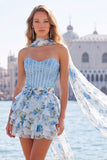 Strapless Corset Yellow Floral A Line Homecoming Dress With Scarf