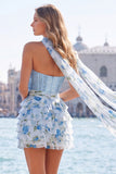 Strapless Corset Yellow Floral A Line Homecoming Dress With Scarf