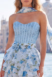 Strapless Corset Yellow Floral A Line Homecoming Dress With Scarf