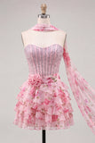 Strapless Corset Yellow Floral A Line Homecoming Dress With Scarf