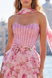 Strapless Corset Yellow Floral A Line Homecoming Dress With Scarf