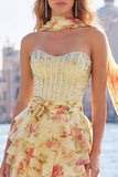 Strapless Corset Yellow Floral A Line Homecoming Dress With Scarf