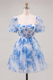 Corset Dusty Sage Print A Line Homecoming Dress With Puff Sleeves