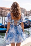 Corset Dusty Sage Print A Line Homecoming Dress With Puff Sleeves
