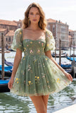 Corset Dusty Sage Print A Line Homecoming Dress With Puff Sleeves