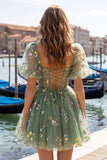 Corset Dusty Sage Print A Line Homecoming Dress With Puff Sleeves
