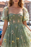 Corset Dusty Sage Print A Line Homecoming Dress With Puff Sleeves