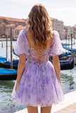 Corset Dusty Sage Print A Line Homecoming Dress With Puff Sleeves