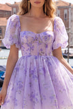 Corset Dusty Sage Print A Line Homecoming Dress With Puff Sleeves
