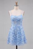Light Blue A Line Floral Spaghetti Straps Homecoming Dress