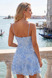 Light Blue A Line Floral Spaghetti Straps Homecoming Dress