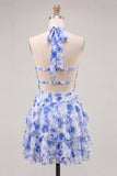 Blue Print Halter A Line Tiered Homecoming Dress