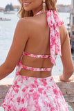 Blue Print Halter A Line Tiered Homecoming Dress