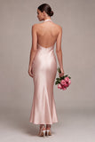 Dark Pink Halter Mermaid Satin Maxi Dress With Bow