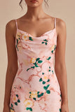Pink Floral Mermaid Cowl Neck Wedding Guest Dress