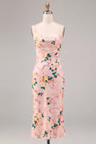 Pink Floral Mermaid Cowl Neck Wedding Guest Dress