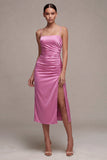 Pink Spaghetti Straps Sheath Ruched Midi Dress