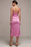 Pink Spaghetti Straps Sheath Ruched Midi Dress