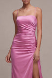 Pink Spaghetti Straps Sheath Ruched Midi Dress