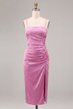 Pink Spaghetti Straps Sheath Ruched Midi Dress
