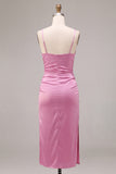 Pink Spaghetti Straps Sheath Ruched Midi Dress