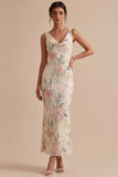 Pink Floral V-Neck Mermaid Sparkly Wedding Guest Dress