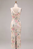Pink Floral V-Neck Mermaid Sparkly Wedding Guest Dress