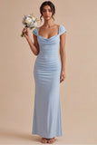 Mermaid Cowl Neck Sky Blue Ruched Maxi Dress