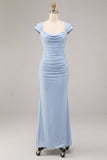 Mermaid Cowl Neck Sky Blue Ruched Maxi Dress