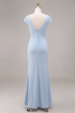 Mermaid Cowl Neck Sky Blue Ruched Maxi Dress