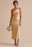 One Shoulder Gold Sheath Midi Dress