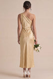 One Shoulder Gold Sheath Midi Dress