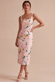 Square Neck Pink Floral Sheath Wedding Guest Dress