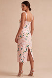 Square Neck Pink Floral Sheath Wedding Guest Dress