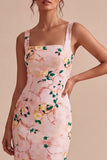Square Neck Pink Floral Sheath Wedding Guest Dress