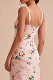 Square Neck Pink Floral Sheath Wedding Guest Dress