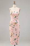 Square Neck Pink Floral Sheath Wedding Guest Dress