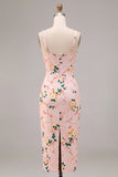 Square Neck Pink Floral Sheath Wedding Guest Dress