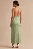 Halter Mermaid Floral Light Green Wedding Guest Dress