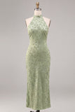 Halter Mermaid Floral Light Green Wedding Guest Dress