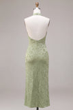Halter Mermaid Floral Light Green Wedding Guest Dress