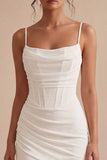 Corset Bodycon Spaghetti Straps Little White Dress With Ruch