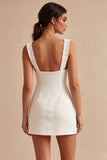 Square Neck Corset Bodycon Little White Dress With Ruch