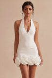 Halter Satin Bodycon Corset Little White Dress With 3D Flower